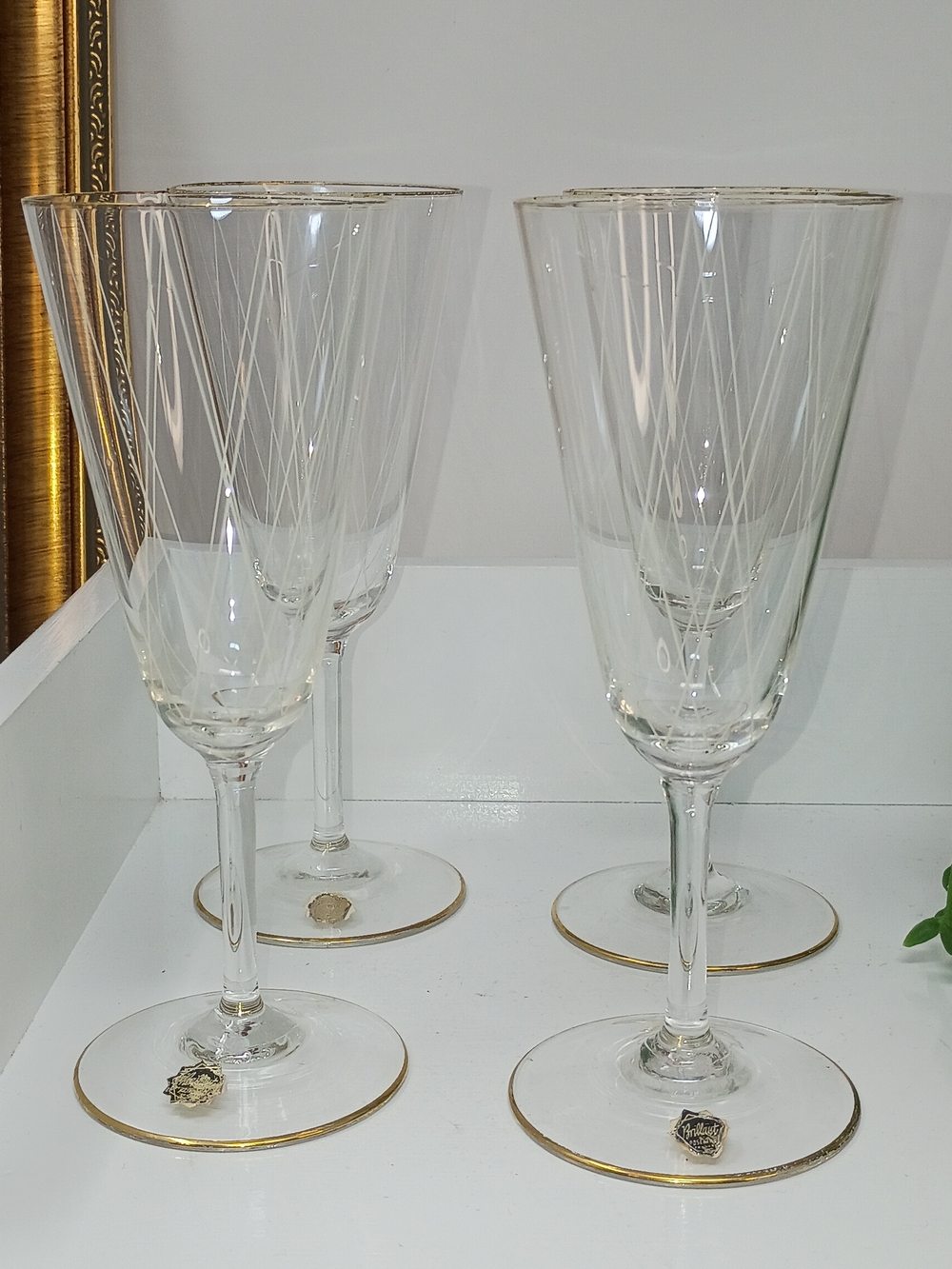 Set of 4 Gold-Trim Etched Crystal Wine Glasses